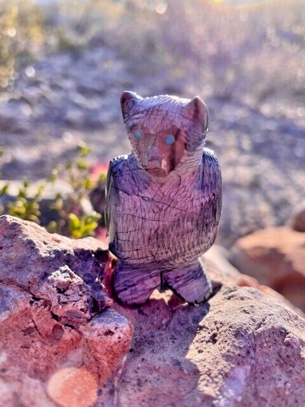 Zuni Standing Bear Fetish 2.5" x 1.25" Marble with Turquoise Eyes Hand Carved